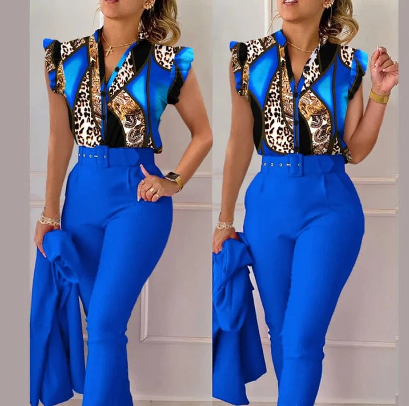 Summer Women's Flower Print High Waist Pants Set Waist Belt Women's V-Neck Two Piece Sets and shirt Work Suit Set 2024
