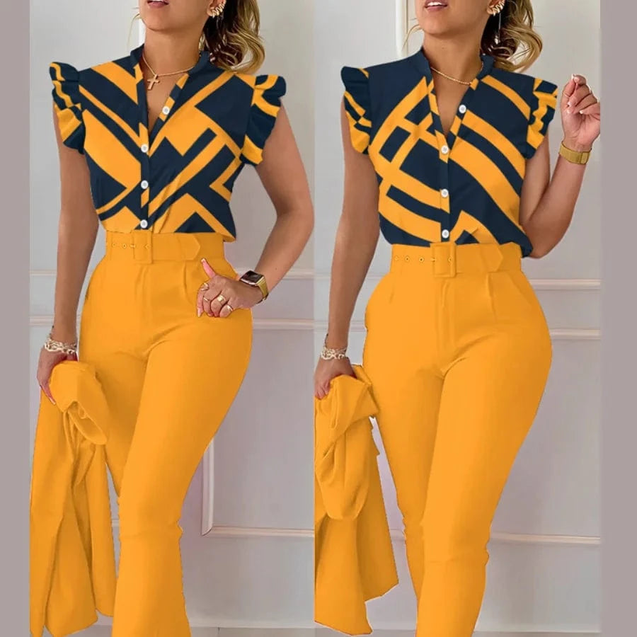 Summer Women's Flower Print High Waist Pants Set Waist Belt Women's V-Neck Two Piece Sets and shirt Work Suit Set 2024