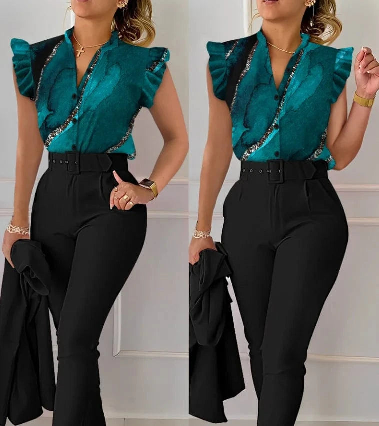 Summer Women's Flower Print High Waist Pants Set Waist Belt Women's V-Neck Two Piece Sets and shirt Work Suit Set 2024
