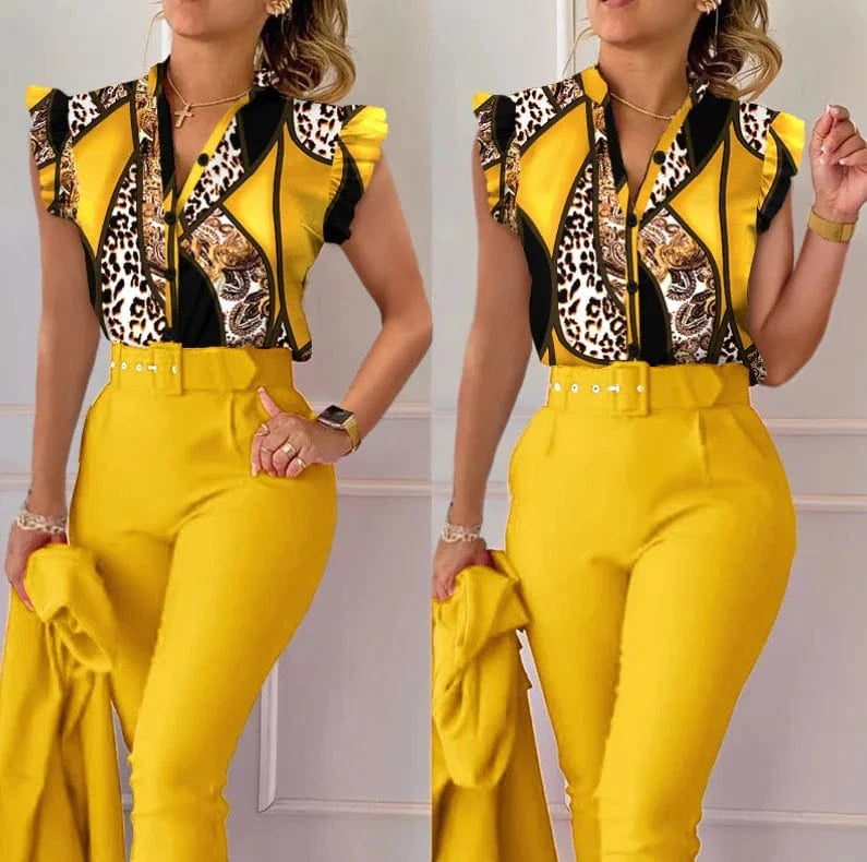 Summer Women's Flower Print High Waist Pants Set Waist Belt Women's V-Neck Two Piece Sets and shirt Work Suit Set 2024