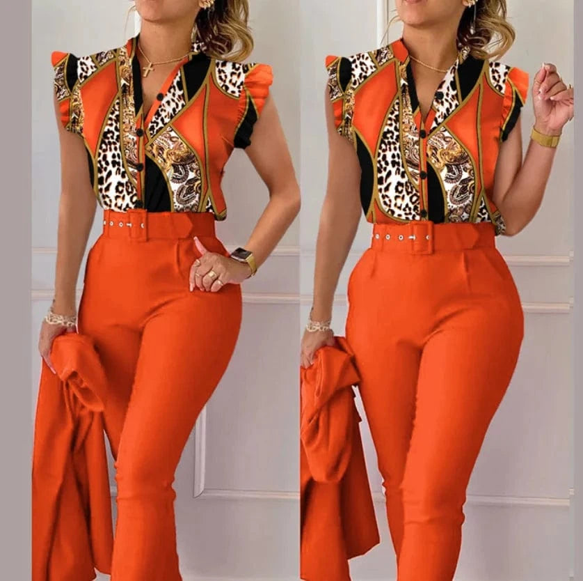 Summer Women's Flower Print High Waist Pants Set Waist Belt Women's V-Neck Two Piece Sets and shirt Work Suit Set 2024