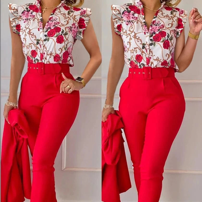 Summer Women's Flower Print High Waist Pants Set Waist Belt Women's V-Neck Two Piece Sets and shirt Work Suit Set 2024