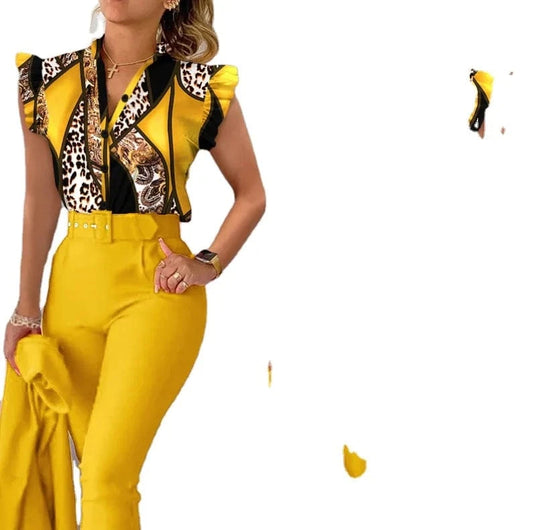 Summer Women's Flower Print High Waist Pants Set Waist Belt Women's V-Neck Two Piece Sets and shirt Work Suit Set 2024