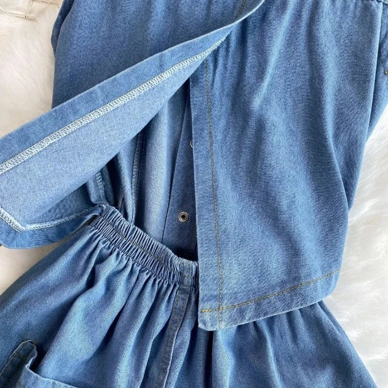 Summer Women's Retro Fashion Casual Denim Tank Top Wide Leg Pants Shorts Jumpsuit