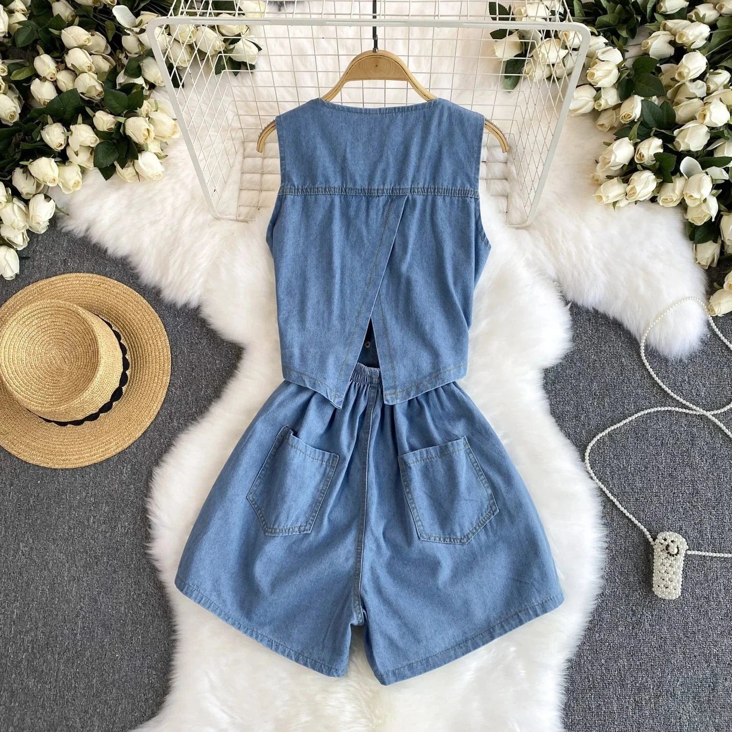 Summer Women's Retro Fashion Casual Denim Tank Top Wide Leg Pants Shorts Jumpsuit