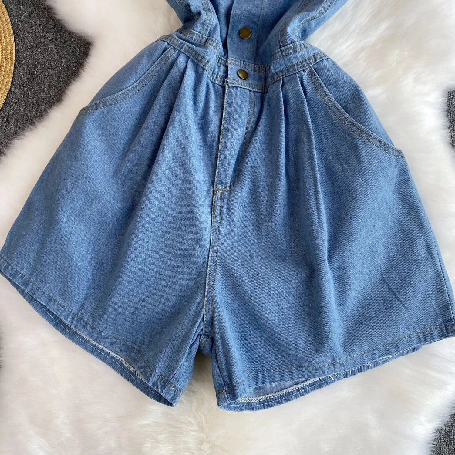 Summer Women's Retro Fashion Casual Denim Tank Top Wide Leg Pants Shorts Jumpsuit