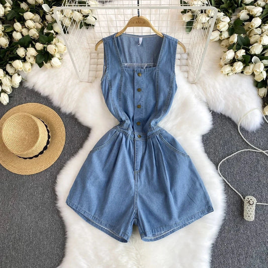 Summer Women's Retro Fashion Casual Denim Tank Top Wide Leg Pants Shorts Jumpsuit