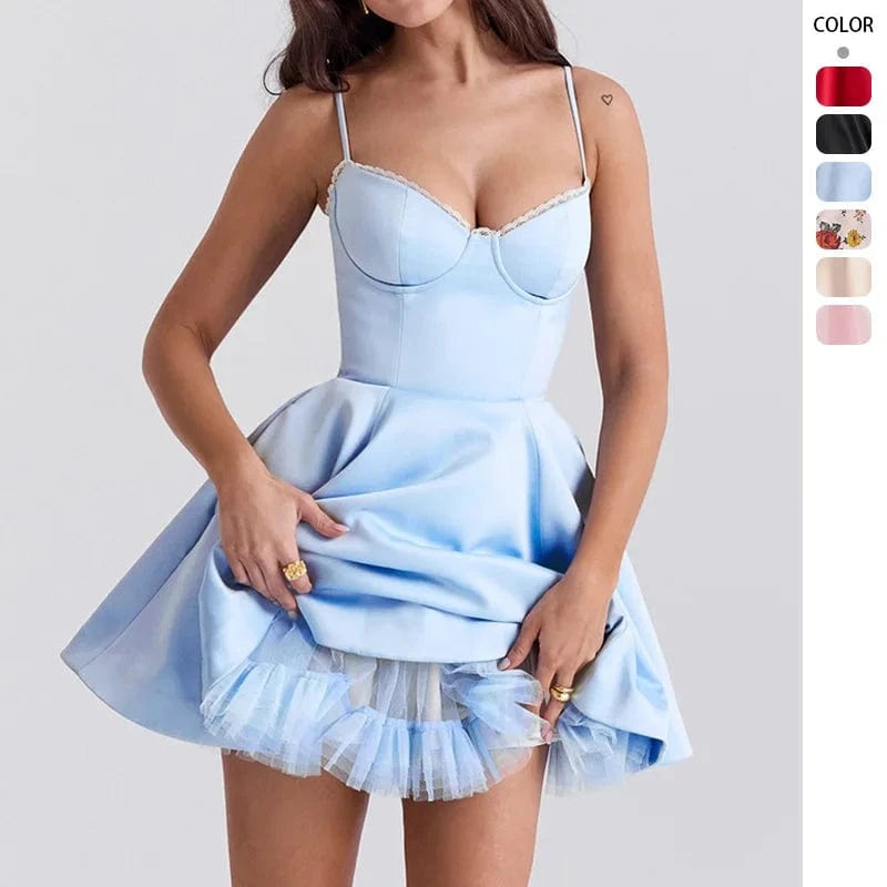 Summer Women's Strap Sleeveless Slim Halter Princess Fluffy Dress V Neck Bodycon Mini Dress with Linning