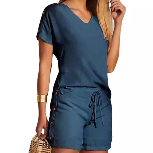 Summer Women's Suit Two Piece Set Fashion Buttoned V-Neck T-shirt & Casual Drawstring Shorts Set Female Clothing Outfits New