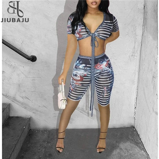 Summer Women Set Dragon Striped Printed Mesh V-neck Top and Shorts Matching Two 2 Piece Outfits