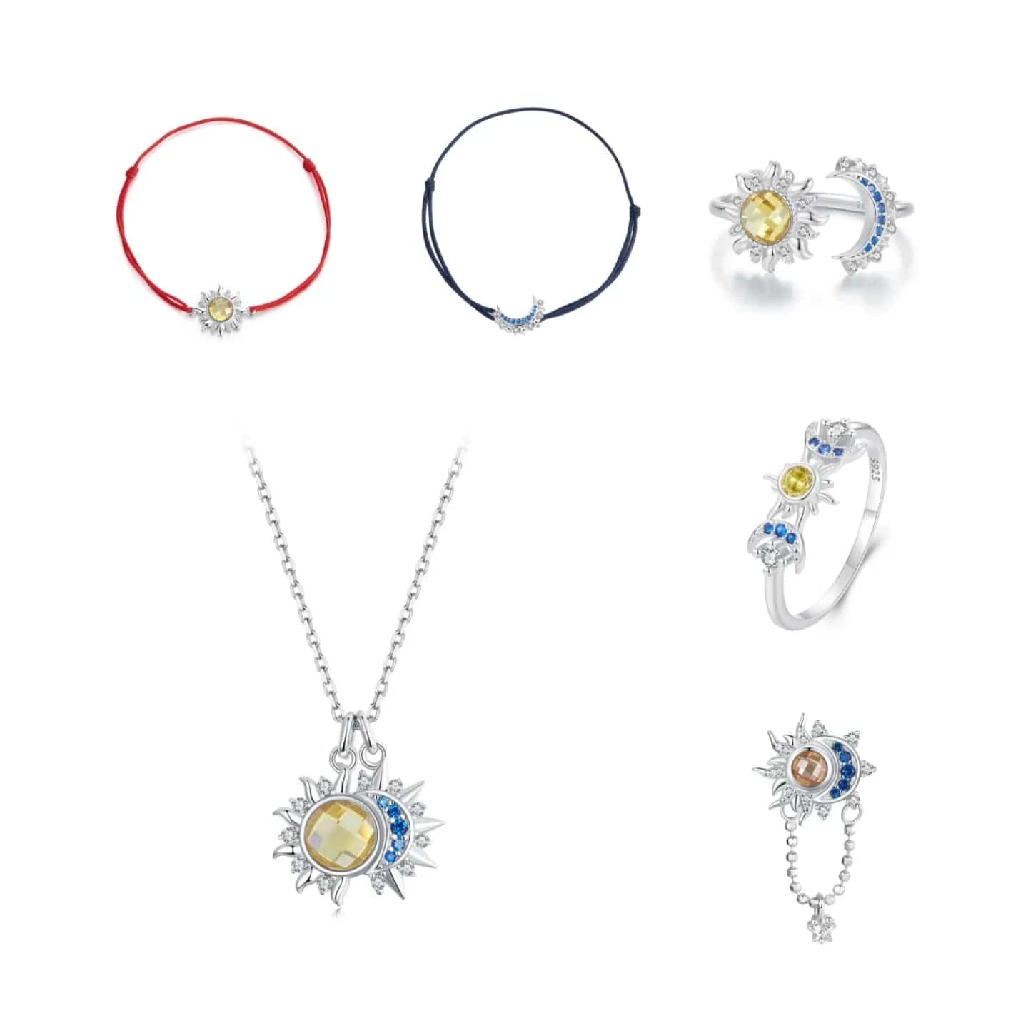Sun&Moon Jewelry Set(Leave Note About The Ring Size 6/7/8) 925 Sterling Silver Fashion Jewelry Sets Fine Jewelry Making Wholesale Sun Moon Rope Bracelet Necklace Ring Charm Pendant Set