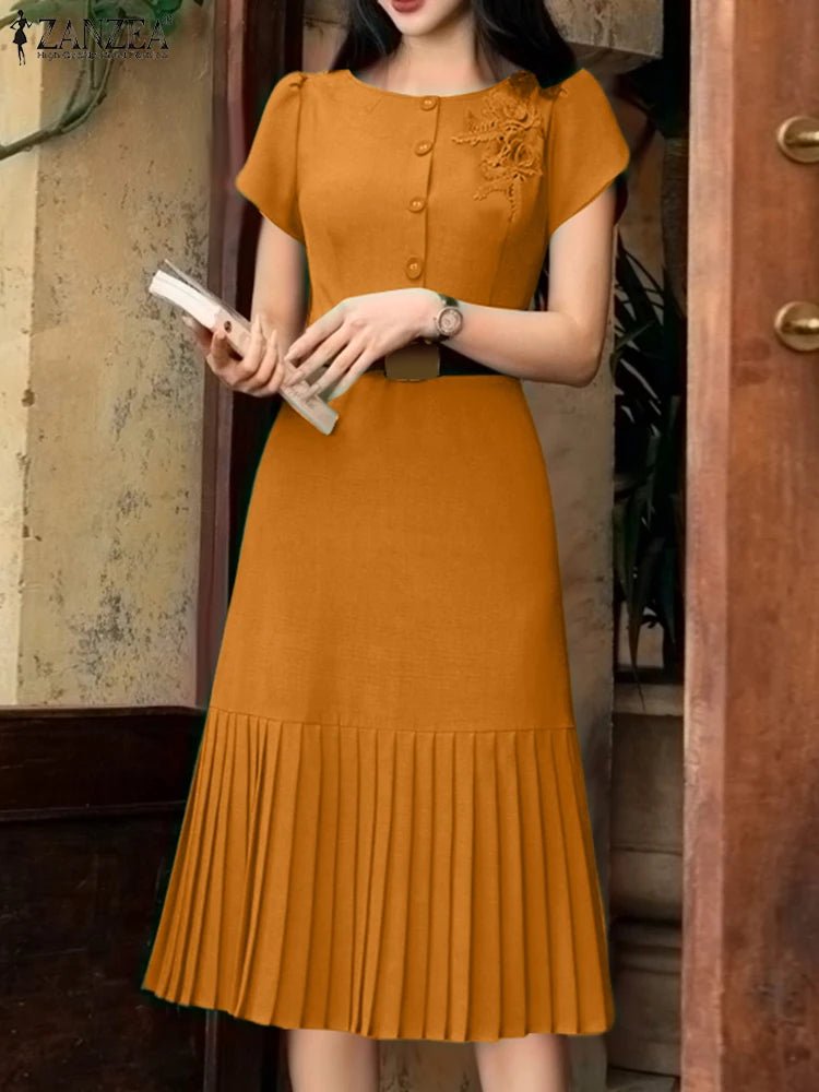 Sundress Pleated Solid Color Short Sleeve Lightweight Polyester Casual A Line Summer For Women - SN Wigs & More