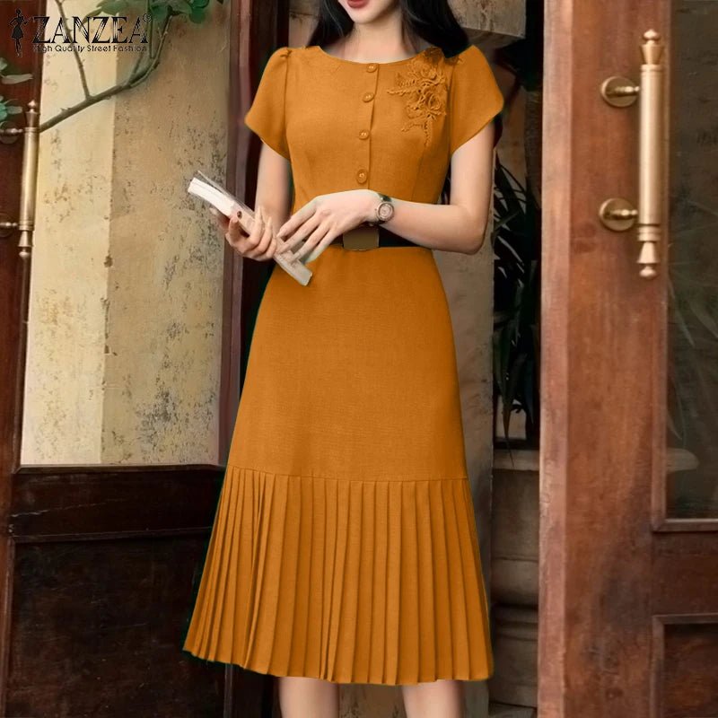 Sundress Pleated Solid Color Short Sleeve Lightweight Polyester Casual A Line Summer For Women - SN Wigs & More