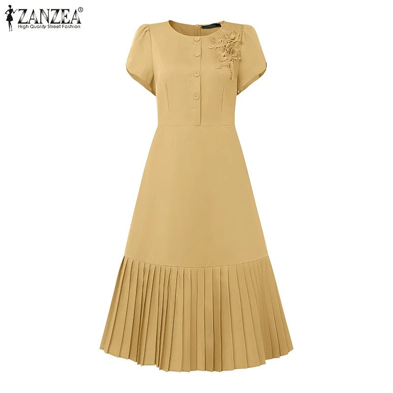 Sundress Pleated Solid Color Short Sleeve Lightweight Polyester Casual A Line Summer For Women - SN Wigs & More