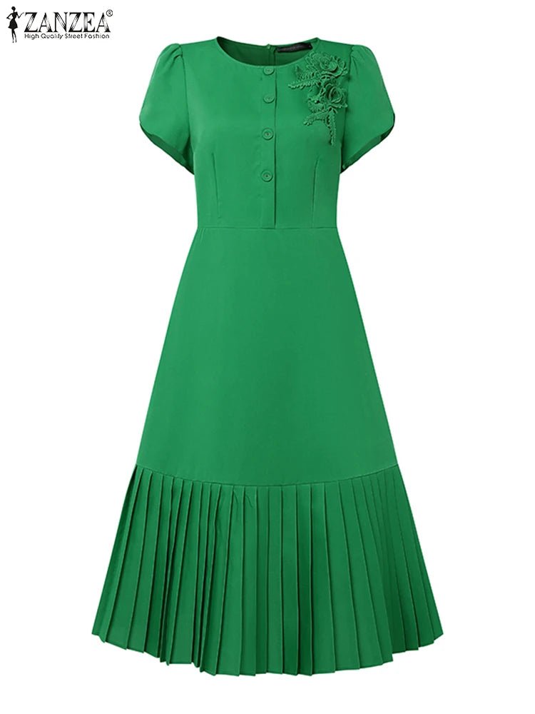 Sundress Pleated Solid Color Short Sleeve Lightweight Polyester Casual A Line Summer For Women - SN Wigs & More