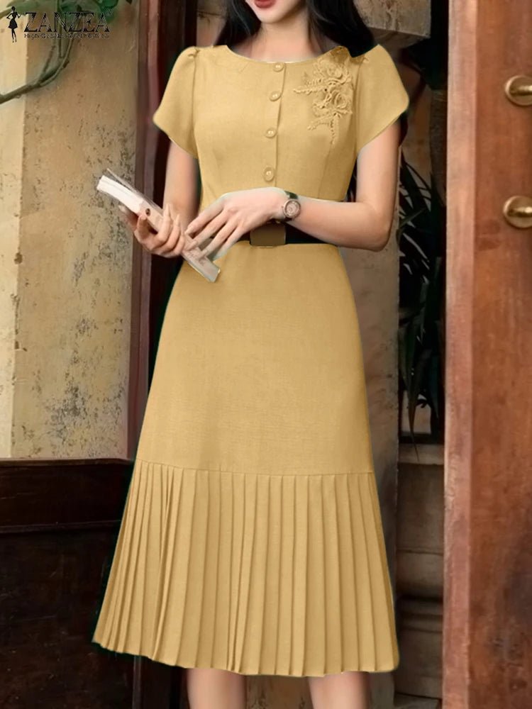 Sundress Pleated Solid Color Short Sleeve Lightweight Polyester Casual A Line Summer For Women - SN Wigs & More