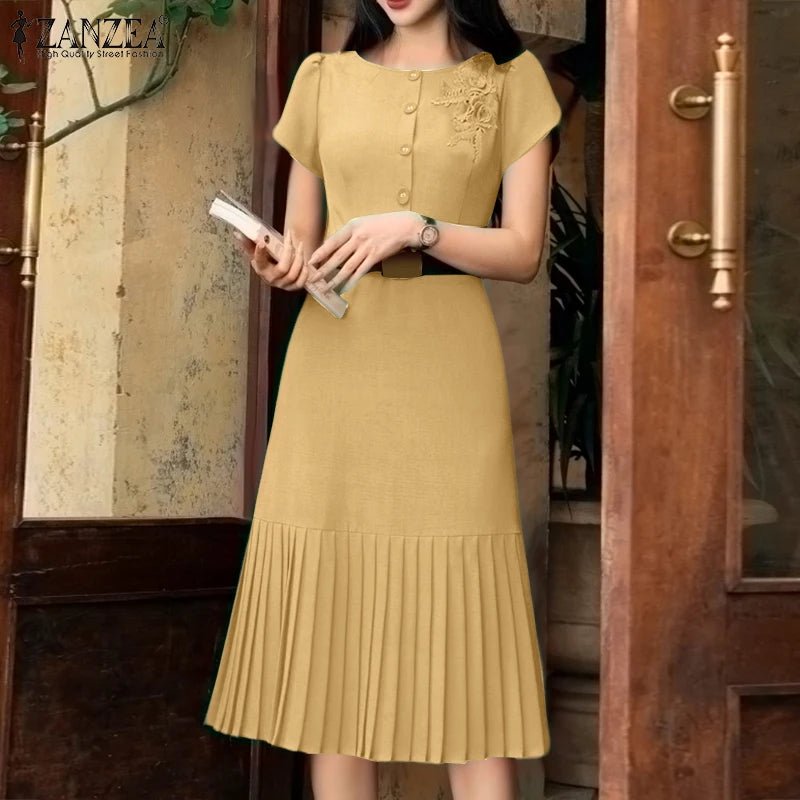 Sundress Pleated Solid Color Short Sleeve Lightweight Polyester Casual A Line Summer For Women - SN Wigs & More