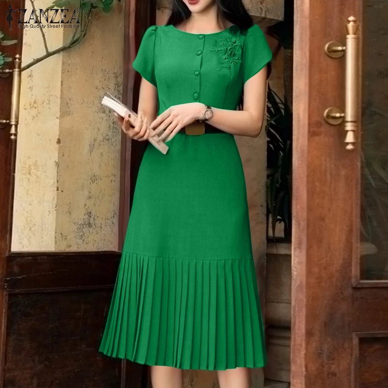 Sundress Pleated Solid Color Short Sleeve Lightweight Polyester Casual A Line Summer For Women - SN Wigs & More