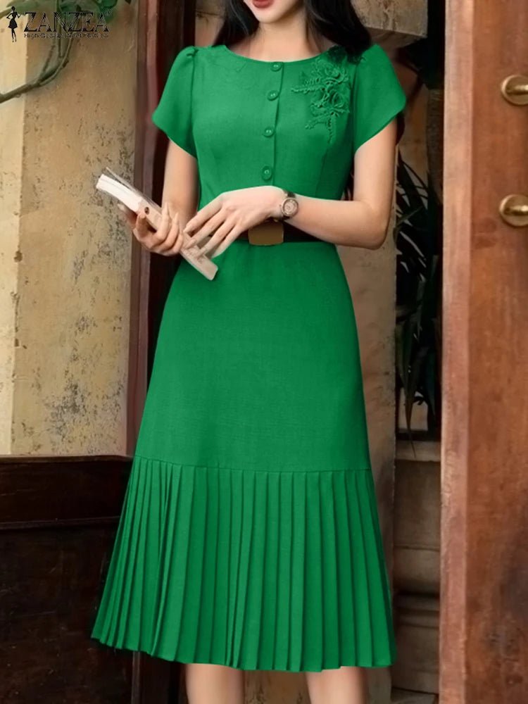 Sundress Pleated Solid Color Short Sleeve Lightweight Polyester Casual A Line Summer For Women - SN Wigs & More