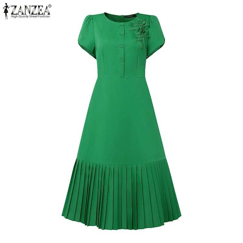 Sundress Pleated Solid Color Short Sleeve Lightweight Polyester Casual A Line Summer For Women - SN Wigs & More