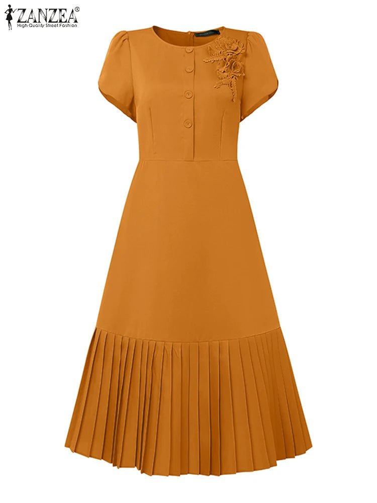 Sundress Pleated Solid Color Short Sleeve Lightweight Polyester Casual A Line Summer For Women - SN Wigs & More