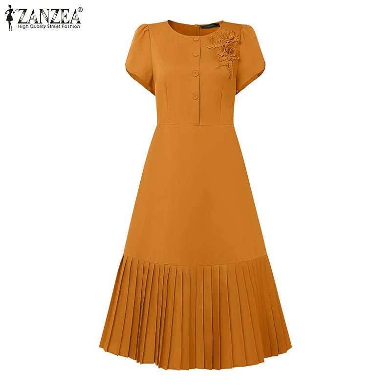Sundress Pleated Solid Color Short Sleeve Lightweight Polyester Casual A Line Summer For Women - SN Wigs & More