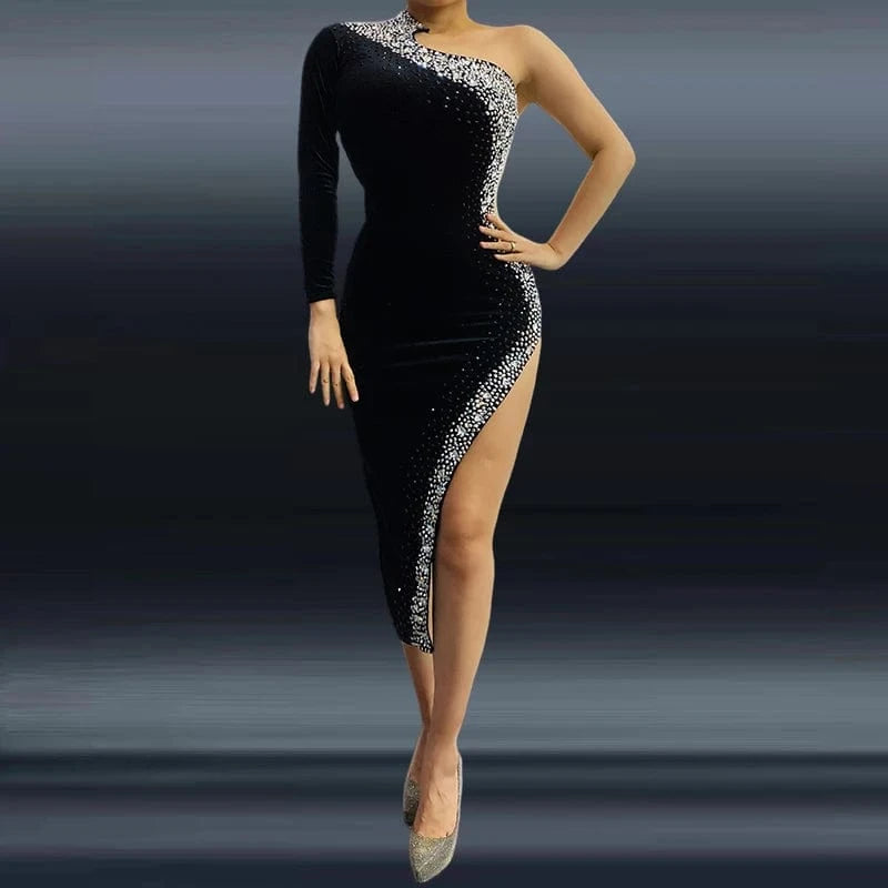 Supplier Clothes Wholesale Gorgeous Black Velvet Evening Dresses Women Off Shoulder Side High Split Girls Sexy Night Club Wear