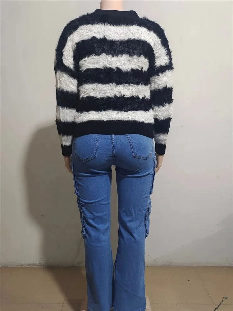 Sweater Women Fashion Woman Cardigan 2024 Cropped Tops Autumn Striped Sweater Faux Fur Knit Coat