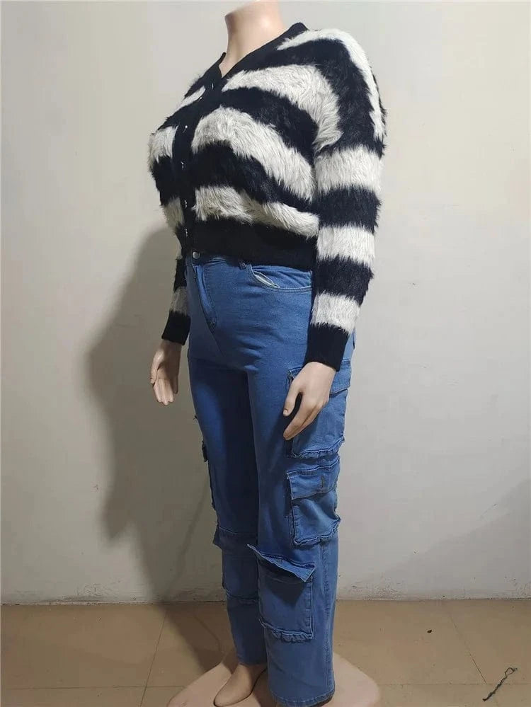 Sweater Women Fashion Woman Cardigan 2024 Cropped Tops Autumn Striped Sweater Faux Fur Knit Coat