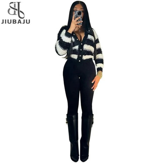 Sweater Women Fashion Woman Cardigan 2024 Cropped Tops Autumn Striped Sweater Faux Fur Knit Coat