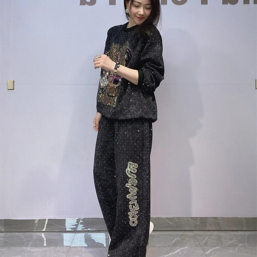 Sweatshirt And Pants Set Rhinestone Embellished Glam Style - SN Wigs & More