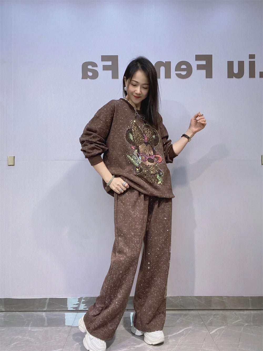 Sweatshirt And Pants Set Rhinestone Embellished Glam Style - SN Wigs & More