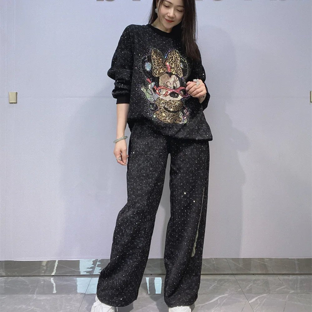 Sweatshirt And Pants Set Rhinestone Embellished Glam Style - SN Wigs & More