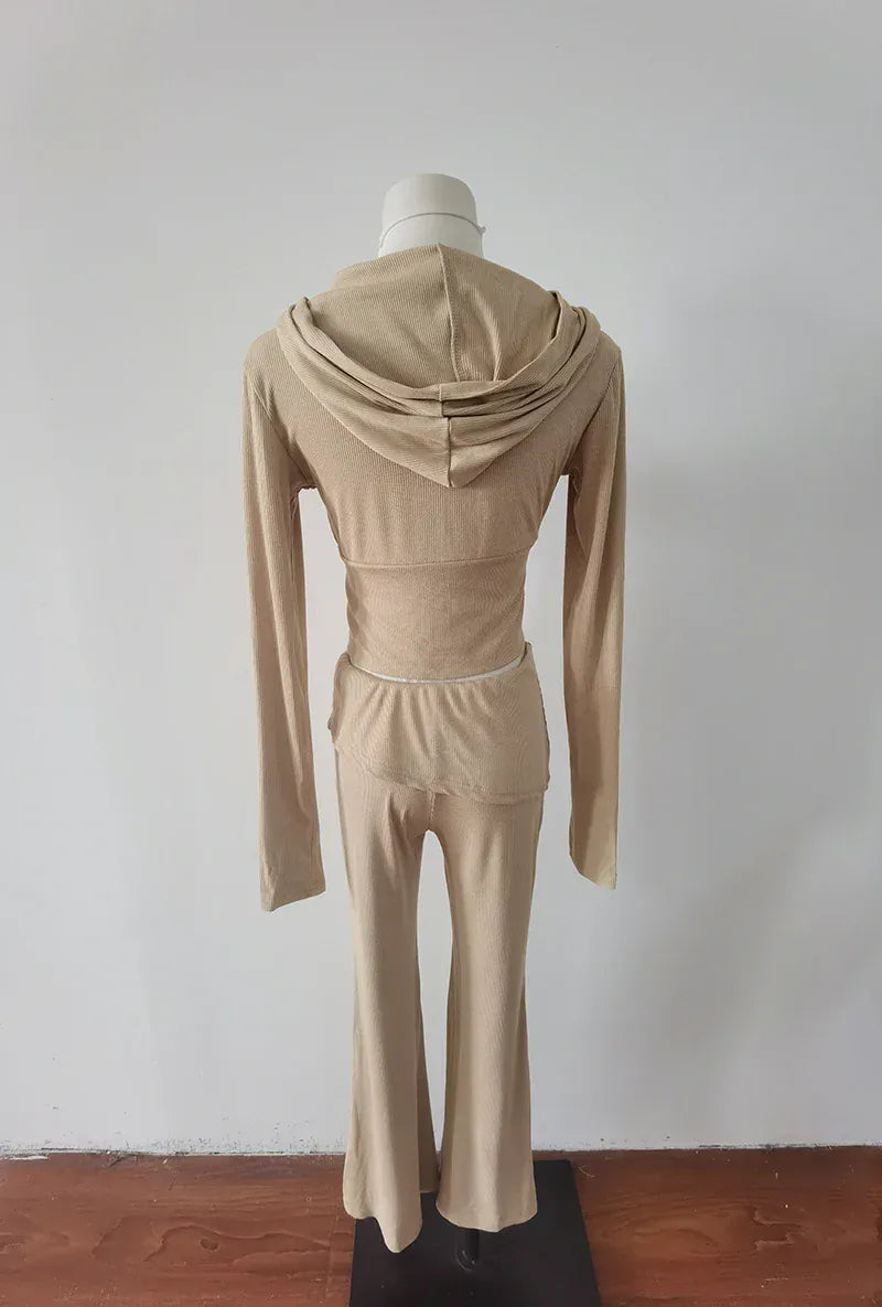 Sweet Hot Girl Pure Sexy Suit Women's Autumn Hooded Long-sleeved Slim Knitted Cardigan High Waist Flared Trousers Two-piece Set
