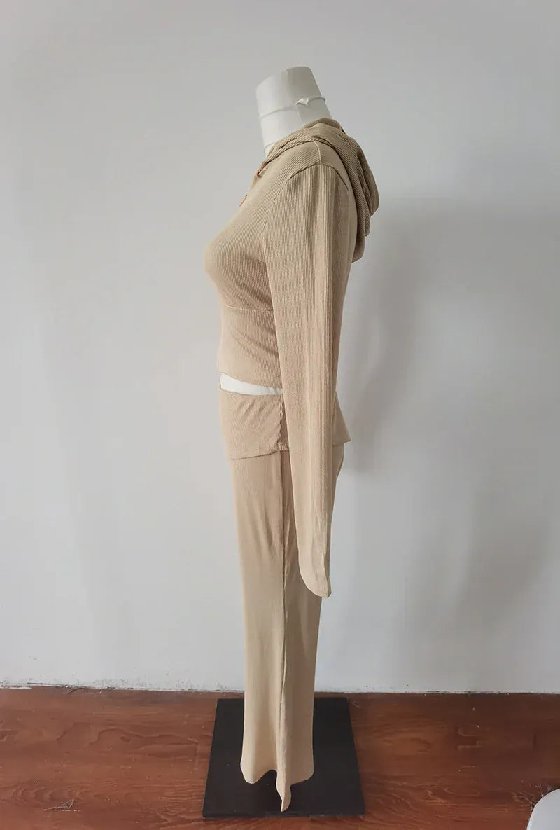Sweet Hot Girl Pure Sexy Suit Women's Autumn Hooded Long-sleeved Slim Knitted Cardigan High Waist Flared Trousers Two-piece Set