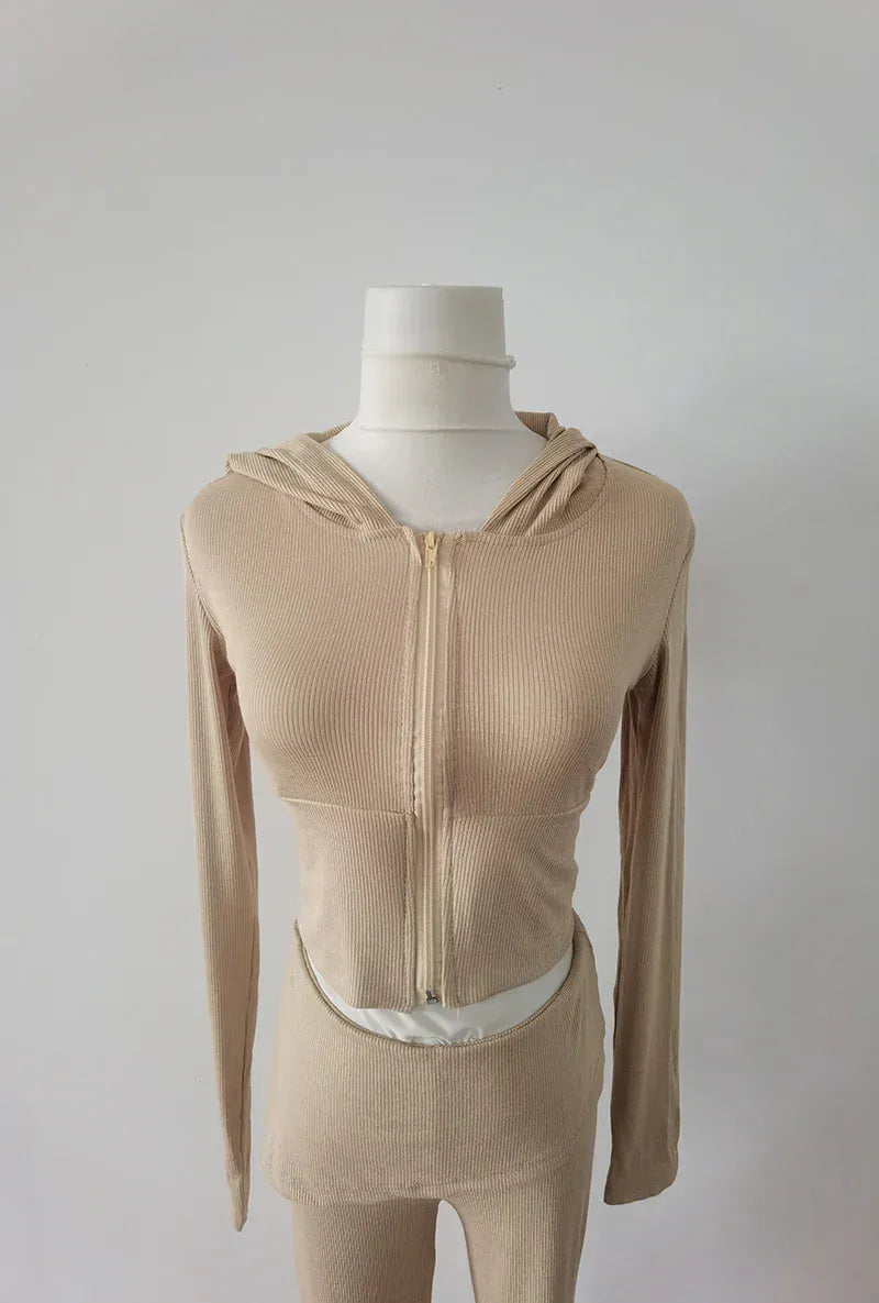 Sweet Hot Girl Pure Sexy Suit Women's Autumn Hooded Long-sleeved Slim Knitted Cardigan High Waist Flared Trousers Two-piece Set