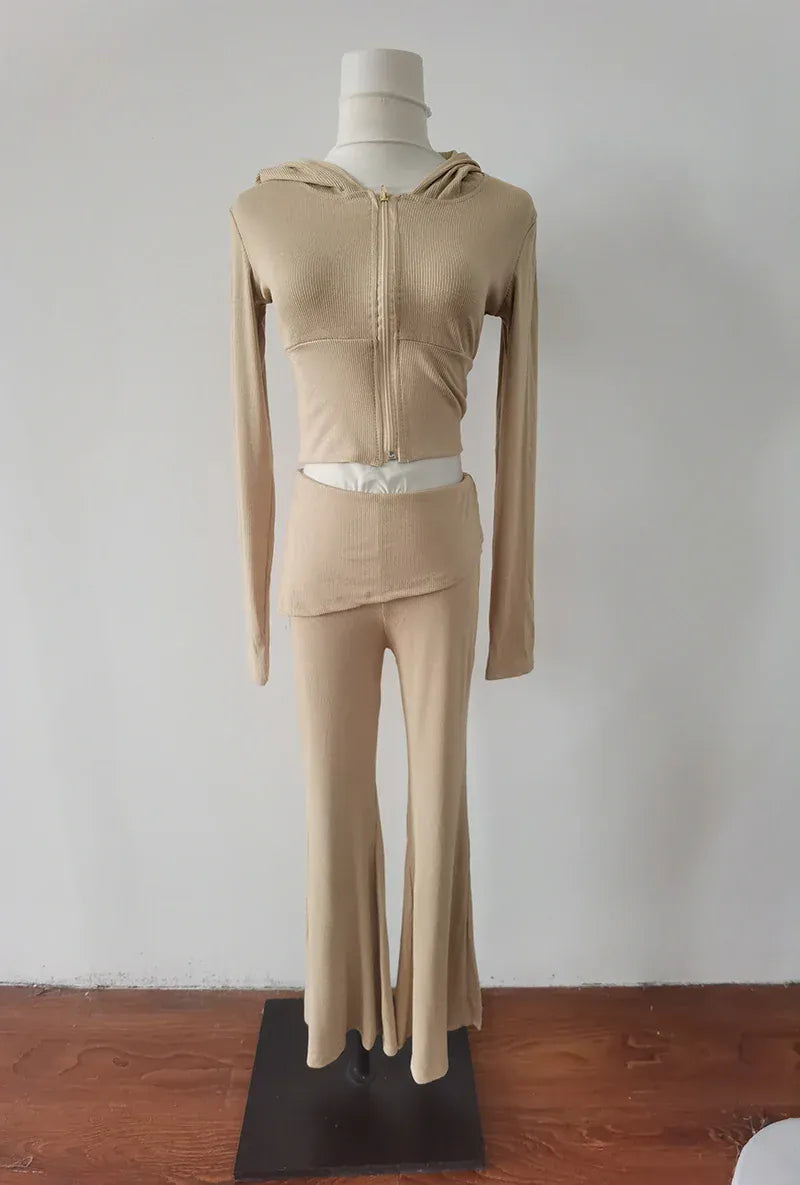 Sweet Hot Girl Pure Sexy Suit Women's Autumn Hooded Long-sleeved Slim Knitted Cardigan High Waist Flared Trousers Two-piece Set