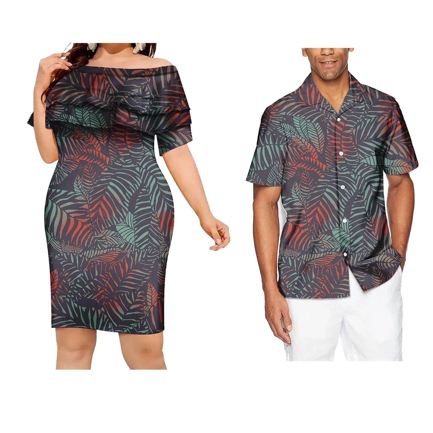 Sweet Lovers Matching Couples Clothes Polynesian Tribal Tropical Flowers Print Custom Lady Elegant Casual Dresses Men's T Shirts