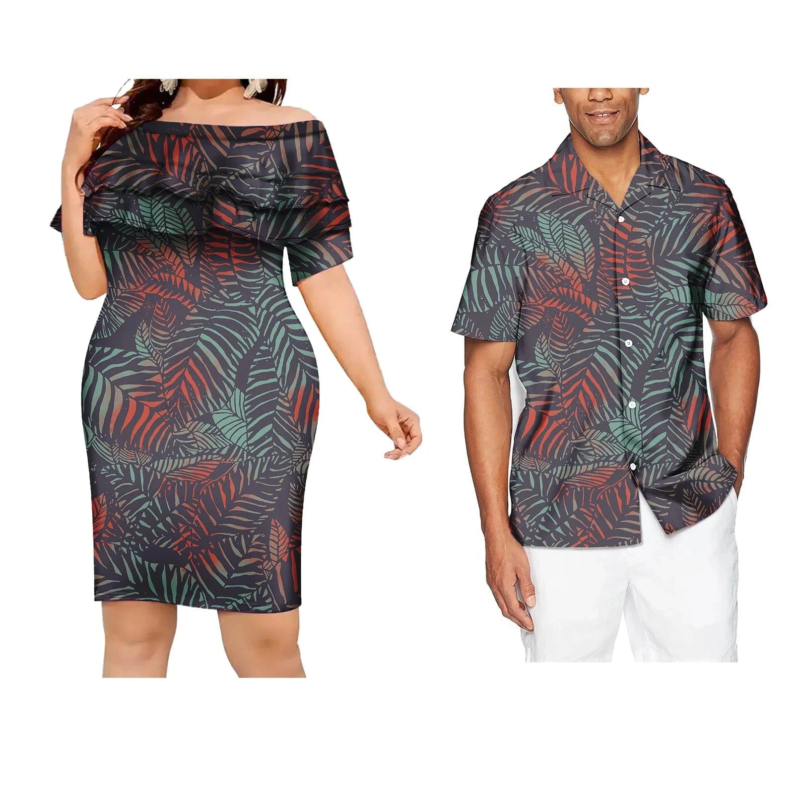 Sweet Lovers Matching Couples Clothes Polynesian Tribal Tropical Flowers Print Custom Lady Elegant Casual Dresses Men's T Shirts