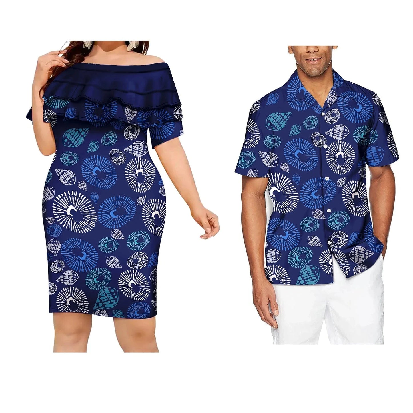 Sweet Lovers Matching Couples Clothes Polynesian Tribal Tropical Flowers Print Custom Lady Elegant Casual Dresses Men's T Shirts