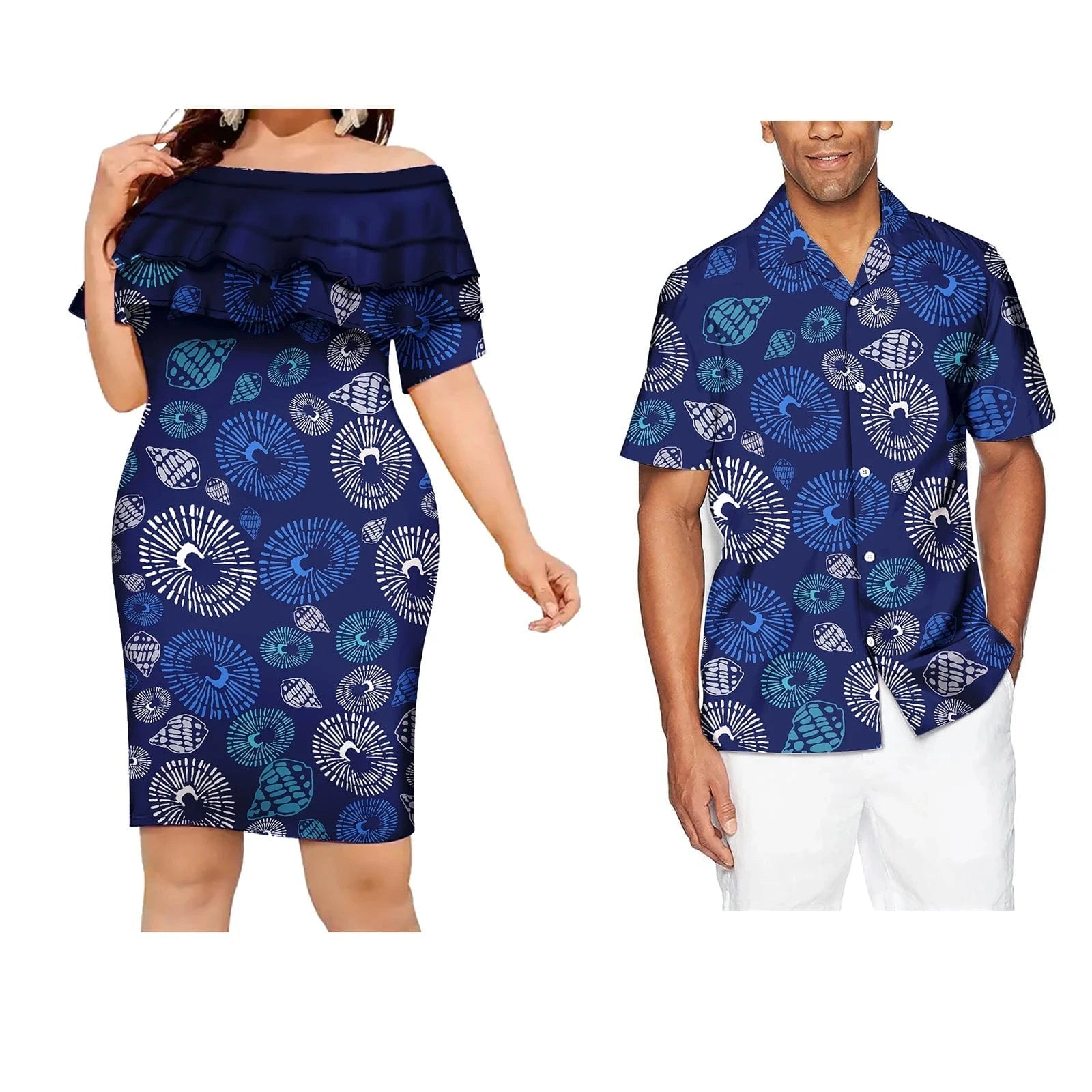 Sweet Lovers Matching Couples Clothes Polynesian Tribal Tropical Flowers Print Custom Lady Elegant Casual Dresses Men's T Shirts