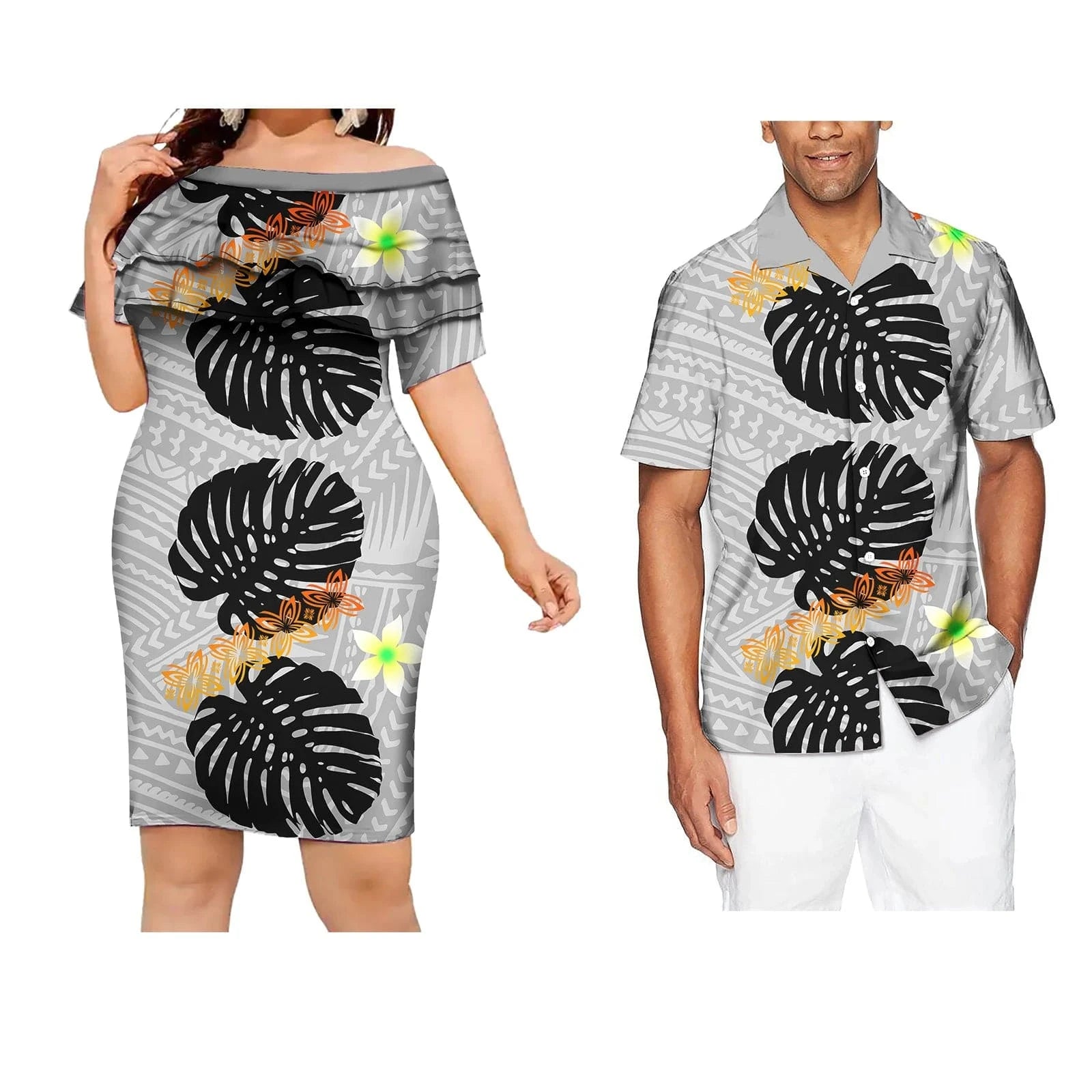 Sweet Lovers Matching Couples Clothes Polynesian Tribal Tropical Flowers Print Custom Lady Elegant Casual Dresses Men's T Shirts