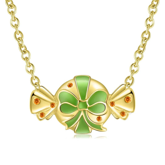 Sweets Candy Pendant for Necklace Authentic 925 Sterling Silver Gold Bow Necklaces Jewelry for Women Girl Christmas Gift Fashion