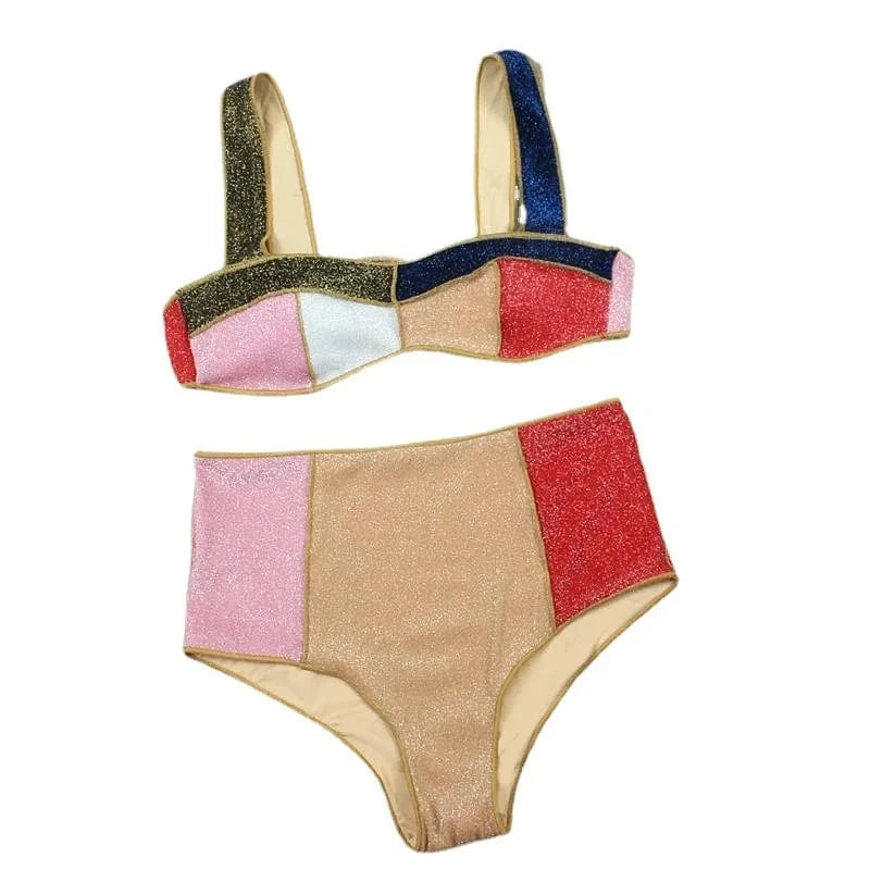 Swimsuit New Bikini High Waist Women's Gold Silk Color Printed Swimsuit Swimwear