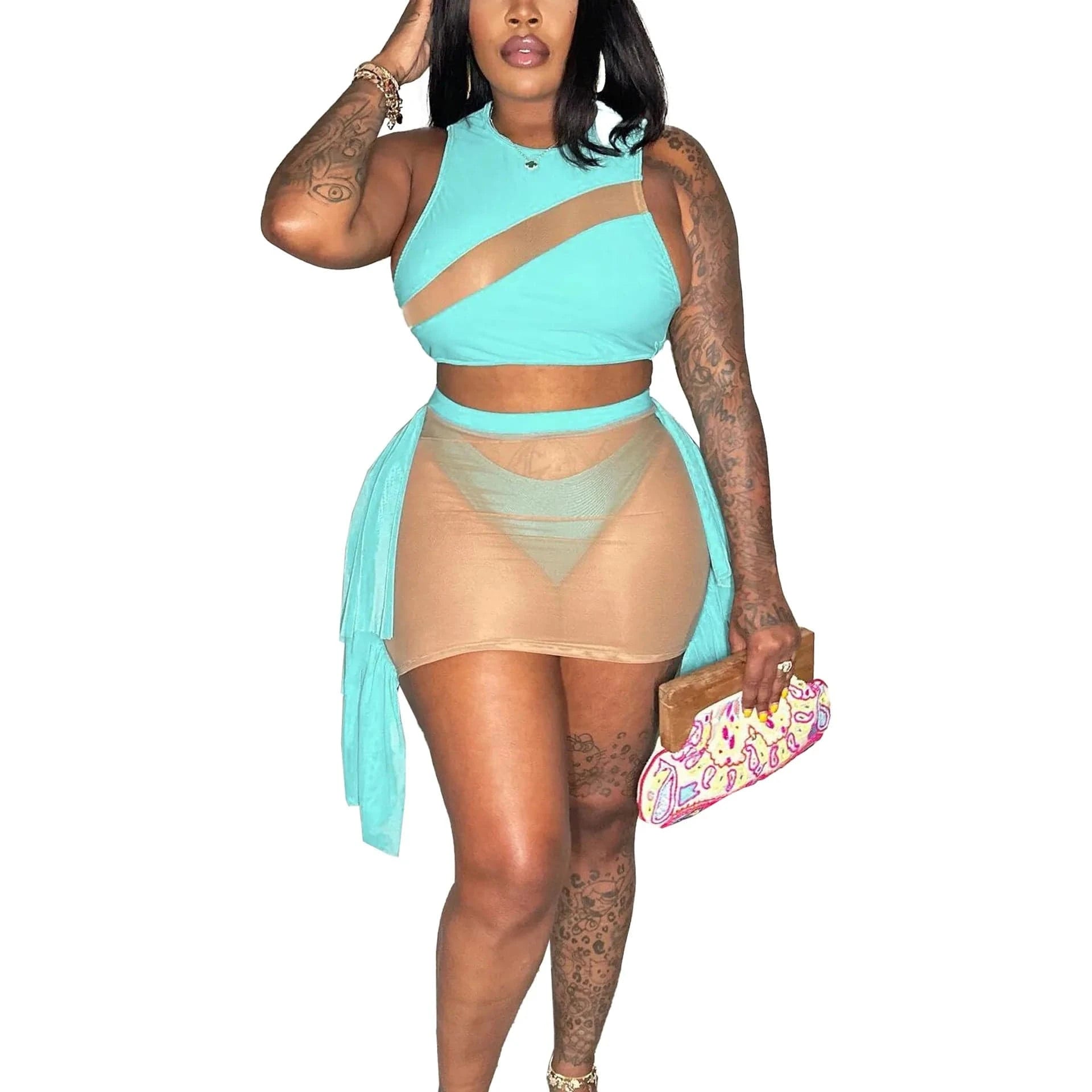 Swimwear Beachwear Sexy Woven Beach Skirt Set Mesh Swimsuit Cover Up Skirt 3PC Swing Skirt Set for Women