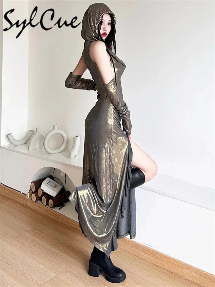 Sylcue Metallic Retro Matte Trendy Distinctive Summer High Street Travel Cool Confident Sexy Women's Hooded Dress With Sleeves