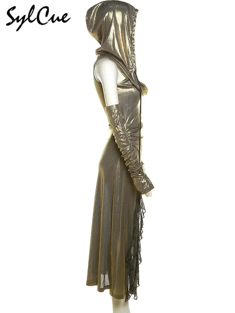 Sylcue Metallic Retro Matte Trendy Distinctive Summer High Street Travel Cool Confident Sexy Women's Hooded Dress With Sleeves