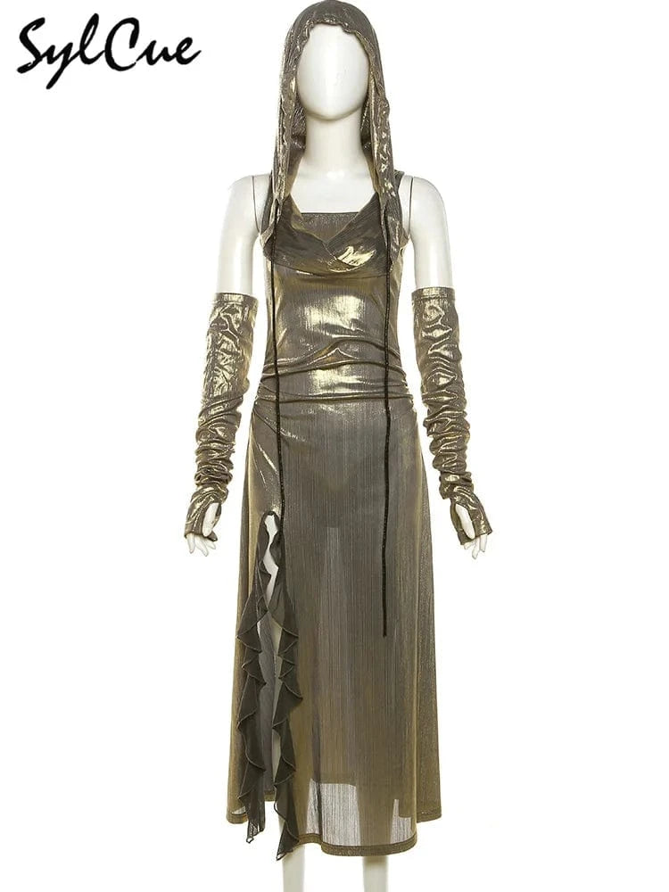 Sylcue Metallic Retro Matte Trendy Distinctive Summer High Street Travel Cool Confident Sexy Women's Hooded Dress With Sleeves