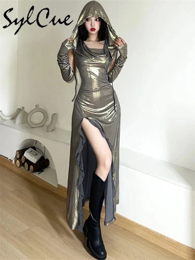 Sylcue Metallic Retro Matte Trendy Distinctive Summer High Street Travel Cool Confident Sexy Women's Hooded Dress With Sleeves