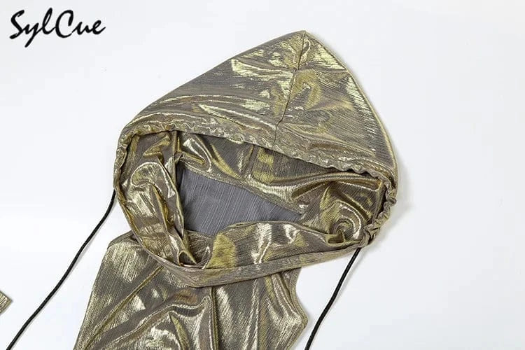 Sylcue Metallic Retro Matte Trendy Distinctive Summer High Street Travel Cool Confident Sexy Women's Hooded Dress With Sleeves